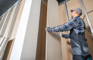 Drywall installers working on a residential project in Edmonton