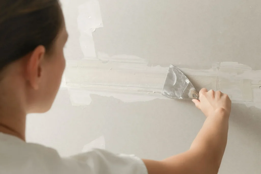 Professional repairing drywall cracks before a home is listed for sale
